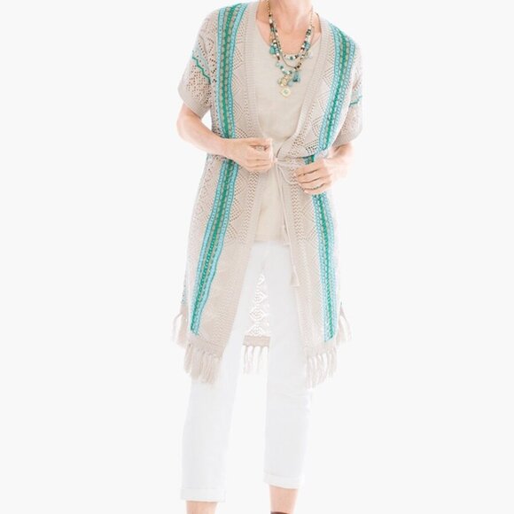 Chico's Tops - Chico's 100% linen crochet Teal Mix Fringe Detail Cardigan women's size 2 / L